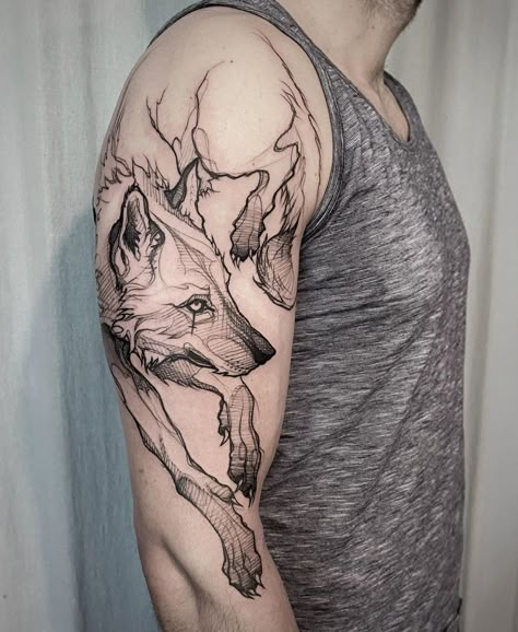 wolf tattoo Fenrir Wolf Art, Illustrative Wolf Tattoo, Maned Wolf Tattoo, Blackwork Wolf Tattoo, Lycan Tattoo, Tattoos For Guys Unique, Wolf Arm Tattoo, Wolf Tattoo Sketch, Wolf Skull Tattoo