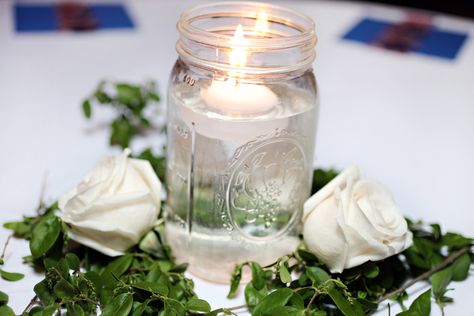 Mason Jar With Floating Candle, Mason Jars With Floating Candles, Mason Jar Candle Centerpieces, Mason Jar Floating Candles, Mason Jar Floating Candle Centerpieces, Tea Candle Centerpieces, Candle Mason Jar Centerpieces, Floating Candles Mason Jars, Jar Centerpiece Wedding