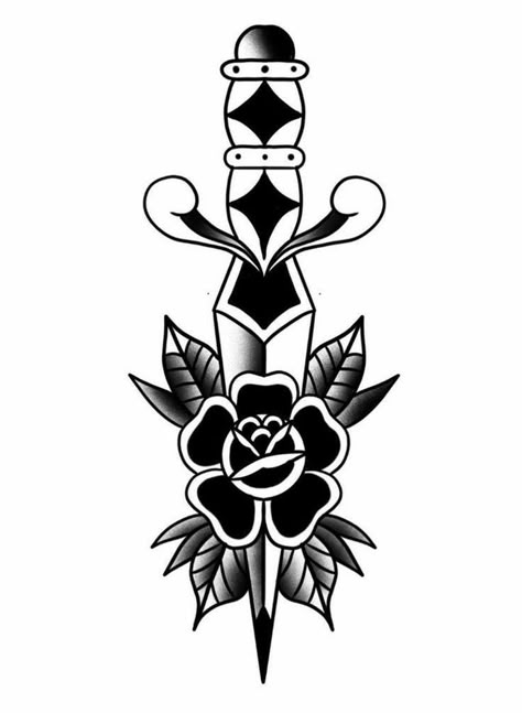 Traditional Dagger Tattoo, Traditional Tattoo Stencils, Traditional Black Tattoo, Catrina Tattoo, Pin Up Girl Tattoo, Tattoo Old School, Muster Tattoos, Old School Tattoo Designs, Tatuaje A Color