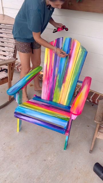 Rainbow Chair, Margaritaville Decor, Diy Adirondack Chair, Family Olympics, Painting Patio Furniture, Rainbow Chairs, Summer Chairs, Garden 2023, Acrylic Painting Diy