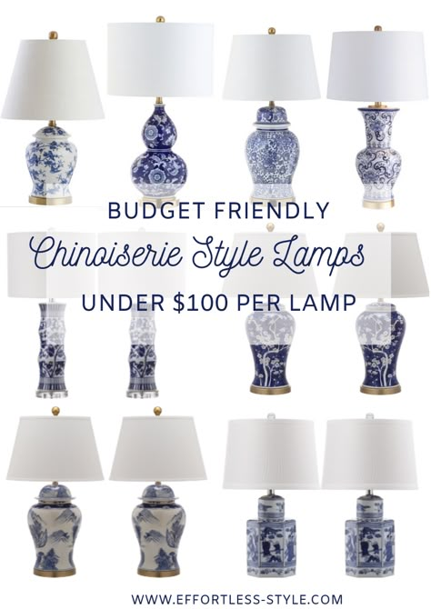 Blue Ginger Jar Lamps, Chinwaserie Decor, Blue And White Lamps Living Room, Blue And White Lamps Bedroom, Chinoserie Lamp, Blue And White Accessories, Blue Lamps Living Room, Chinoiserie Lamps Bedroom, Blue And White Chinoiserie Bedroom