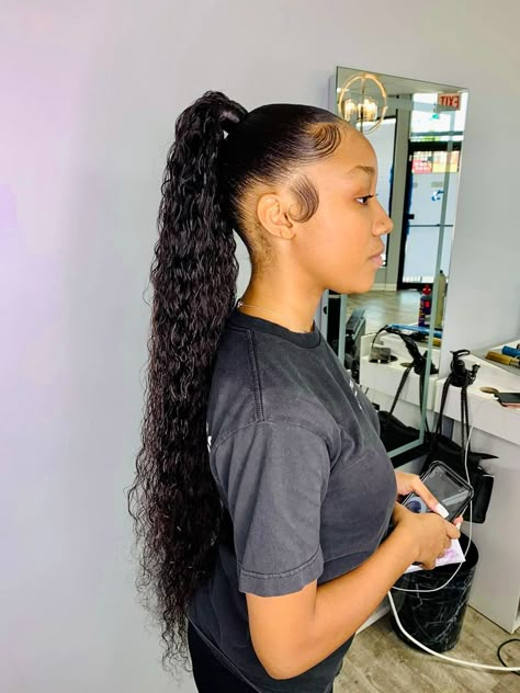 Mid Ponytail Hairstyles Black Women Curly, Waterwave Hairstyle Ponytail, Curly Pontail Hairstyles For Black Women, Curly Ponytails For Black Women, Slick Back Curly Ponytail Weave, Curly Ponytail Hairstyles For Black Hair, High Wavy Ponytail Black Women, Curly Sleek Ponytail Weave, Ponytail Hairstyles For Black Women Curly