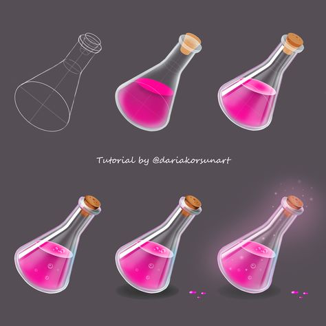 Bottle Art Tutorial, Potion Bottle Digital Art, Potion Bottles Drawing Tutorial, How To Draw Liquid In A Bottle, Glass Painting Reference, Glass Bottle Reference, How To Draw Glass Bottles, Bottle Drawing Tutorial, Drawing Glass Bottle