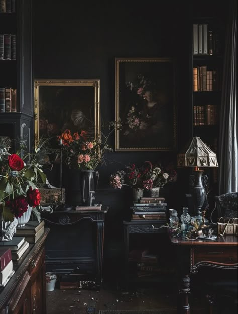 Gothic Home Library, Goth Dark Academia Room, 1900s Bedroom, Dark Academia Purple Bedroom, Purple Dark Academia Room, Moody Mudroom, Greenhouse Dark Academia, Dark Botanical Old World Aesthetic, Dark Cottagecore House