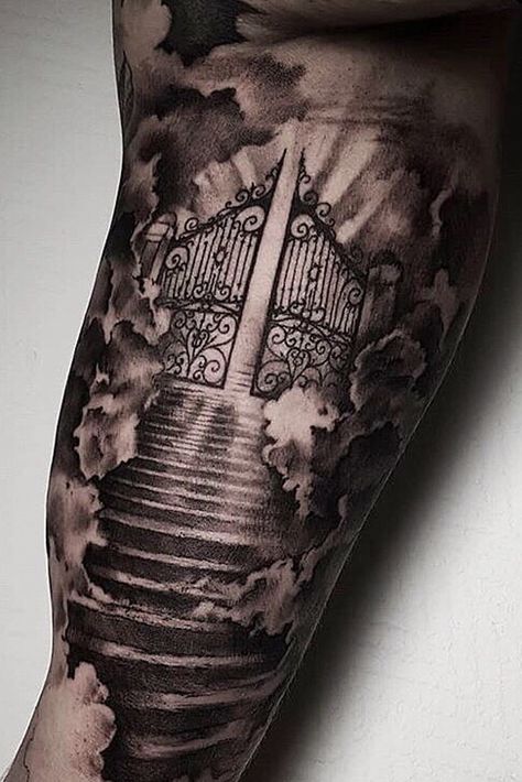 Gates Tattoo, Stairs Tattoo, Heaven Gates, Stairway To Heaven Tattoo, Religious Tattoo Sleeves, Inside Bicep Tattoo, Drunken Monkey, Christus Tattoo, Heaven Tattoo