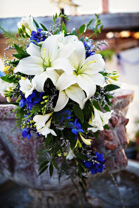 (1) Pinterest • The world’s catalog of ideas Dark Blue Wedding, Diy Bridal Bouquet, Beach Wedding Flowers, Royal Blue Wedding, Blue Wedding Flowers, Prom Flowers, White Wedding Flowers, White Lilies, Wedding Aisle