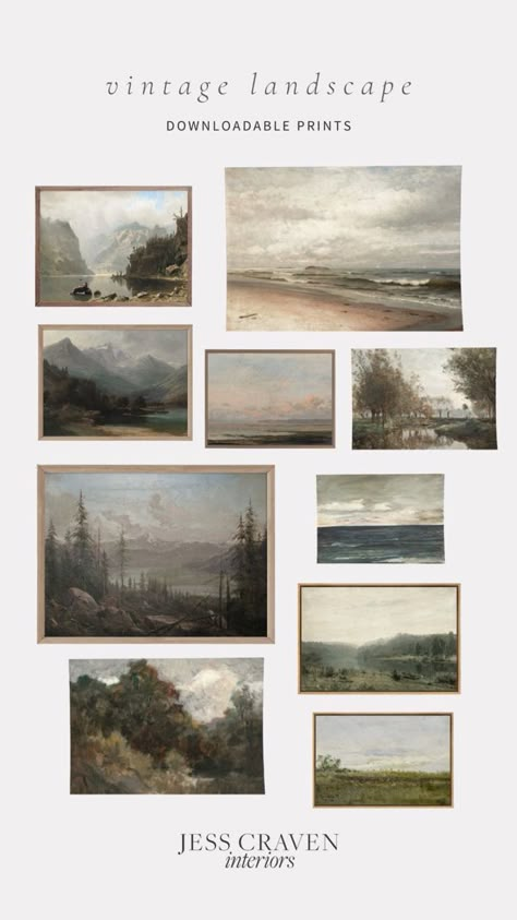 Vintage prints, vintage art, downloadable art, vintage landscape art prints Vintage Landscape Gallery Wall, Vertical Landscape Art, Vintage Mountain Art, Free Vintage Landscape Printables, Printable Landscape Art Free, Vintage Landscape Prints, Vintage Aesthetic Landscape, British Cottage Interior, Vintage Art Gallery Wall