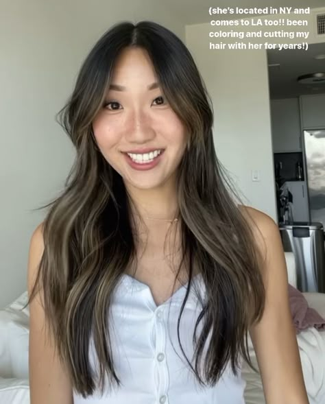 Babylights Asian Hair, Partial Highlights Asian Hair, Asian Partial Highlights, Black Hair With Highlights Tan Skin, Light Brown On Asian Hair, Filipino Balayage Hair, Balayage Hair Brunette Asian, Korean Brown Hair With Highlights, Asian Hair Subtle Highlights