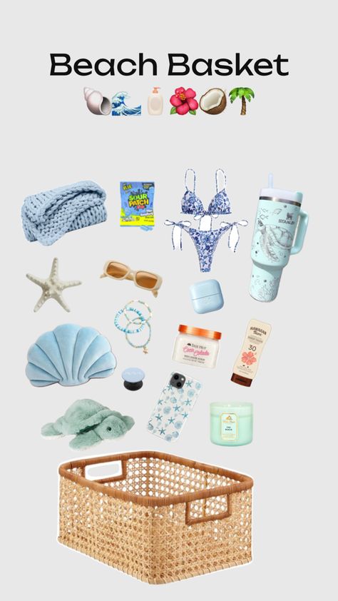 Beachy Gift Ideas, Summer Basket Gift Ideas, Beach Basket Ideas, Beachy Products, Cute Basket Ideas, Beach Bag Gift Basket, Preppy Basket, Vacation Gift Basket, Beach Gift Basket