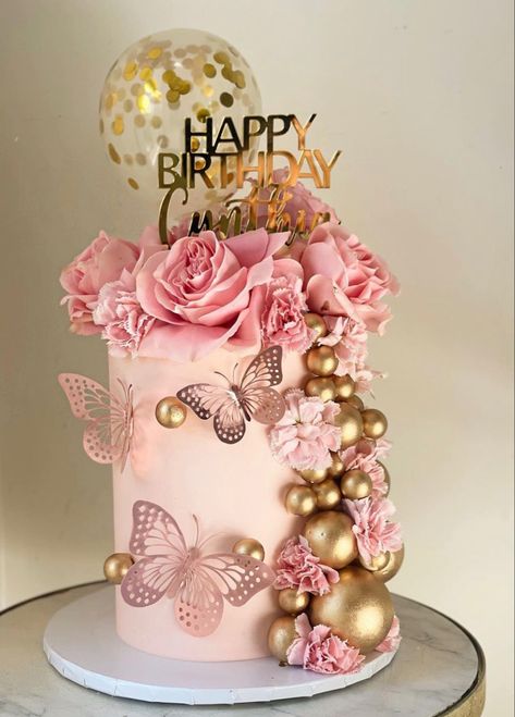 Pink Birthday Party For Adults, 2023 Birthday Cake Design, Rose Gold Cake With Butterflies, Rose Gold Birthday Cakes, Rose Gold Cake Birthday, Tall Birthday Cake, Gold Butterfly Cake, Pink Butterfly Cake, Getting Highlights