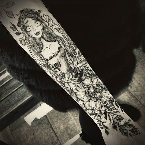 Corpse Bride Sleeve Tattoo, Spooky Color Tattoo, Emily Corpse Bride Tattoo, Dark Disney Tattoo, Corpse Bride Tattoo, Bride Tattoo, Halloween Tattoos Sleeve, Emily Corpse Bride, Brides With Tattoos