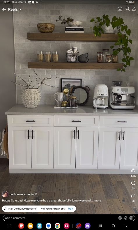 Floating Shelves Coffee Bar, Coffee Bar Floating Shelves, Bar Floating Shelves, Diy Dry Bar, Coffee Bar Ideas Kitchen, Kitchen Open Shelving, Cottage Core Home, Open Concept Kitchen Living Room, Tiny Kitchen Design