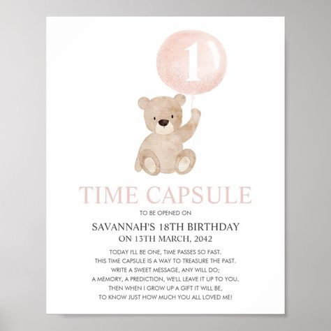 Beary First Birthday Pink Bear Time Capsule Poster - Birthday Decoration First Birthday Traditions, Beary 1st Birthday, First Birthday Blue, Beary First Birthday, First Birthday Pink, Birthday Traditions, Bear Signs, Birthday Milestone, Birthday Party Centerpieces