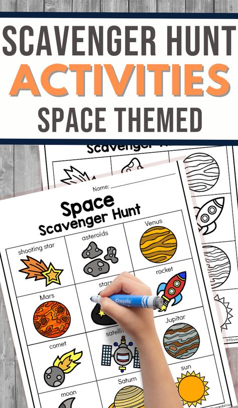 Want to give the kids some out-of-this-world fun? Check out this Space Themed Scavenger Hunt! Use this free printable as a fun way to get the kids excited! Space Themed Family Night, Space Themed Scavenger Hunt, Space Activities 1st Grade, Space Reading Activities, Space Outdoor Activities, Space Printables Free, Solar System Preschool Activities, Planet Activities For Preschool, Space Week Activities For Kids