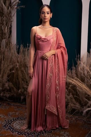 Shop for Silky Bindra Pink Satin Georgette Cowl Neck Anarkali With Dupatta for Women Online at Aza Fashions Cowl Neck Blouse Indian, Satin Anarkali, Pink Satin Blouse, Anarkali With Dupatta, Pink Anarkali, Desi Dress, Bridesmaid Saree, Dresses Traditional, Kurti Designs Latest