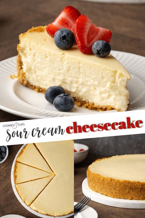 This classic Sour Cream Cheesecake recipe is the ultimate effortless dessert. Indulge in a slice that’s light, rich, and creamy all at once! Cake Recipe With Sour Cream, Cream Cheese Cake Recipes, Easy Cheesecake Recipe, Cream Cheese Cheesecake, Creamy Cheesecake Recipe, Sour Cream Desserts, Sour Cream Cheesecake, Cheesecake Recipes Classic, Cream Cheesecake