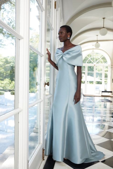 Dramatic Cape Knot Off the Shoulder Slim Flare Gown in Solf Blue | blue formal gown, blue party dress, off the shoulder dress, military ball dresses, long formal evening dress, wedding guest outfits, elegant long dress, elegant gown, summer wedding guest attire, spring dresses, modern mother of the bride dresses, long formal dresses elegant, gala dresses elegant, evening party gown, satin gown, blue formal dress, sleeve evening dresses, semi formal party dress #fashiondesigner #weddingfashion Gala Dresses Elegant, Sareh Nouri Wedding Dress, Sareh Nouri, Military Ball Dresses, Gowns For Women, A Line Evening Dress, Flare Gown, Trumpet Gown, Blue Dress Formal