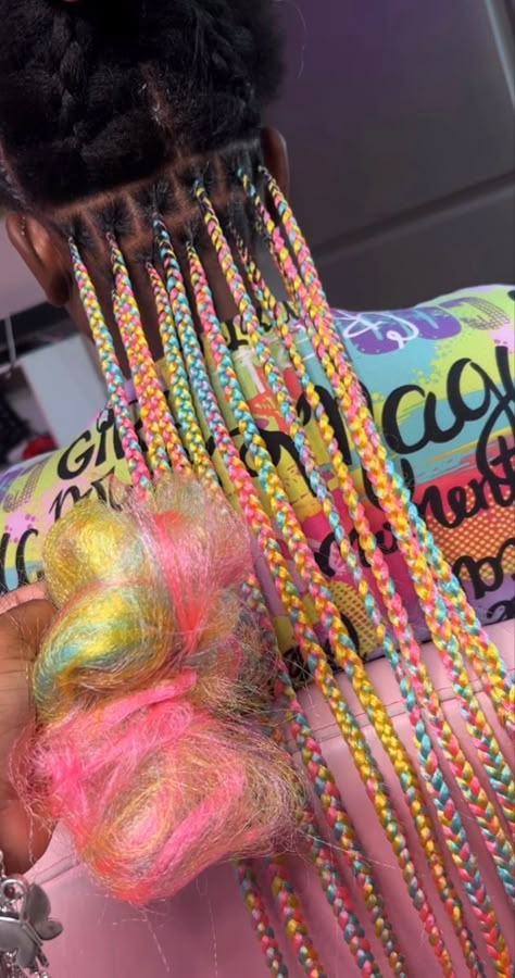 Protective Hairstyles With Color, Fruity Pebble Braids, Protective Hairstyles Braids With Color, Fruity Pebbles Braids, Rainbow Braids For Black Women, Rainbow Knotless Braids, Braid Colors Ideas, Peekaboo Hair Color Braids, Colorful Braids For Black Women