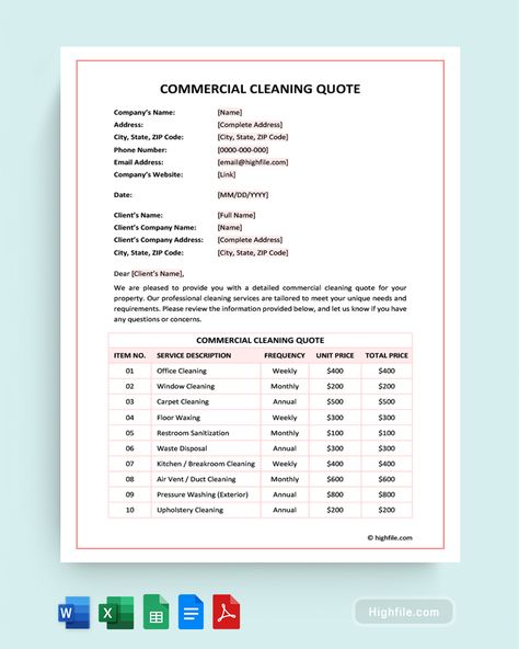 Commercial Cleaning Quote Template Business Plan For Cleaning Service, Cleaning Contracts Template, Cleaning Client Information Sheet, Commercial Cleaning Business Price List, General Contractor Business, Quotation Sample, Housekeeping Business, Cleaning Services Prices, Commercial Cleaning Contracts