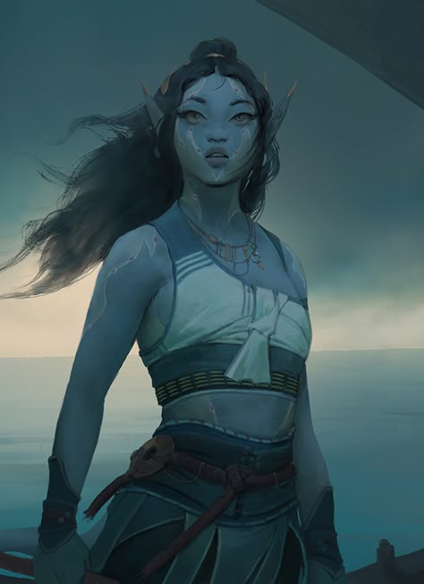 Sea Elf Aesthetic, Sea Elf Dnd, Sea Elf Female Dnd, Genasi Fighter, Dnd Armour, Sea Elves, Character Inspo Female, Oc Ideas Inspiration, Monk Dnd