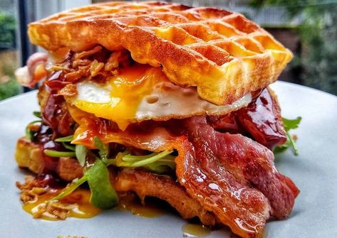 Burger With Egg, Waffle Burger, Maple Glazed Bacon, Egg Waffles, Southern Chicken, Egg Burger, Waffle Sandwich, Southern Fried Chicken, Chicken House