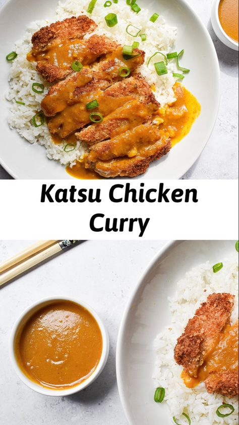 This chicken katsu curry includes a crispy chicken that is coated in light flaky panko breadcrumbs. The crispy chicken is served with a sweet curry sauce which can be served with rice or noodles for a tasty lunch or dinner. #katsuchicken #katsucurry Curry Katsu Chicken, Chicken Curry Katsu Recipe, Healthy Katsu Curry, Chicken Thigh Katsu, Chicken Curry Japanese, Chicken Katsu Curry Recipe, Katsu Curry Recipe, Katsu Chicken, Katsu Curry Recipes