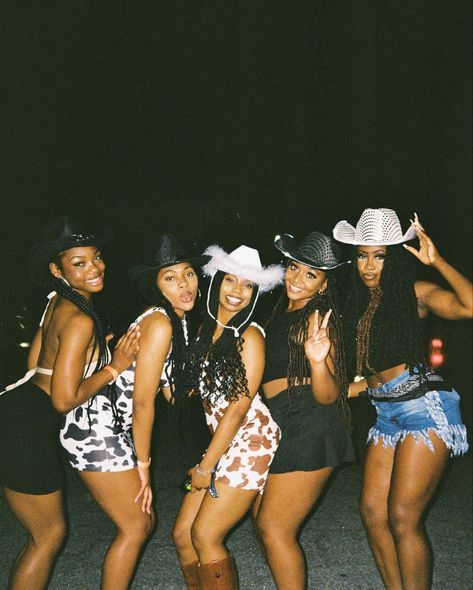 black girls in a cow girl outfits at night Black Cowgirls Fashion, Rodeo Theme Outfits Black Women, Cow Themed Outfit, Rodeo Themed Party Outfit, Black Cowgirl Party, Black Cow Girl Outfits, Cowgirl Outfit Black Women, Cowgirl Outfits Black Women Party, Cow Girl Hen Party