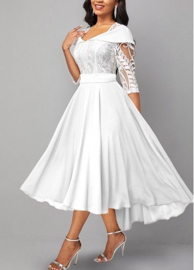 ROTITA Lace Patchwork White X Shape Midi Dress | Rotita.com - USD $42.98 White Shirt Wedding Dress, White Church Dresses, Dresses Comfortable, Women White Dress, Tea Length Wedding Dress Vintage, Church Attire, Dress Occasion, Tea Length Wedding Dress, Lace Dress With Sleeves