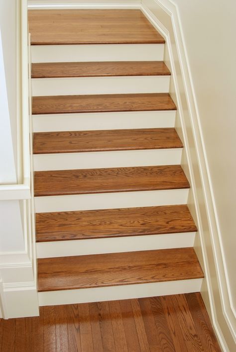 White oak stair treads. Hardwood Stair Treads, Wood Floor Stairs, Laminate Flooring On Stairs, Stairs Cladding, Stairs Treads And Risers, Wood Stair Treads, Laminate Stairs, Paint Makeover, Outdoor Stair Railing