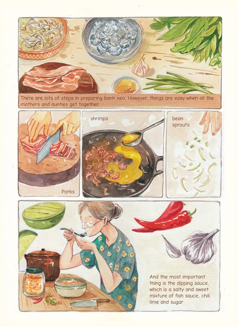 Killien Huynh on Behance Sequential Drawing Cooking, Recipe Coloring Pages, Food Recipe Illustration, Food Zine Design, Food Journal Aesthetic, Illustrated Recipe Book, Food Recipes Illustration, Recipe Book Illustration, Cooking Illustration Drawing