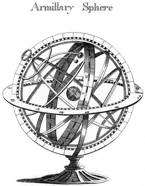 En astronomie, une sphère armillaire, dans son approche classique, est un instrument qui modélise la sphère céleste. Elle est utilisée pour montrer le mouvement apparent des étoiles, du Soleil et de l'écliptique autour de la Terre. Old Book Illustrations, Astronomy Tattoo, Armillary Sphere, Celestial Sphere, Scientific Illustration, Popular Art, Old Book, Old Books, Exhibition Poster