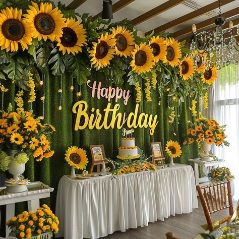 Sunflower Bday Theme, Diy Large Sunflowers, Sunflower Party Theme Birthday, Sunflower Bday Party Ideas, Graduation Party Ideas Flower Theme, Sweet 16 Sunflower Theme, Sunflower Decorations Party, Sunflower Balloon Arch, Sunflower Sweet 16