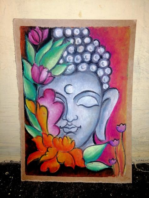 Easy budha oilpastels painting Oil Pastel Drawings Budha, Easy Buddha Canvas Painting, Gautam Buddha Painting Simple, Budha Easy Painting, Buddha Acrylic Painting Easy, Buddha Painting Easy, Indian Paintings Easy, Buddha Painting Abstract Modern, Oilpastel Drawing Paintings