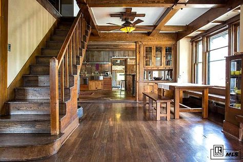 A Rustic Craftsman with Ski History in Steamboat Springs Rustic Craftsman Interior, Craftsman Style Homes Interior, Craftsman House Interior, Interior Beams, Craftsman Cabin, Rustic Bungalow, Rustic Craftsman Home, Craftsman Bungalow Interior, Craftsman Staircase