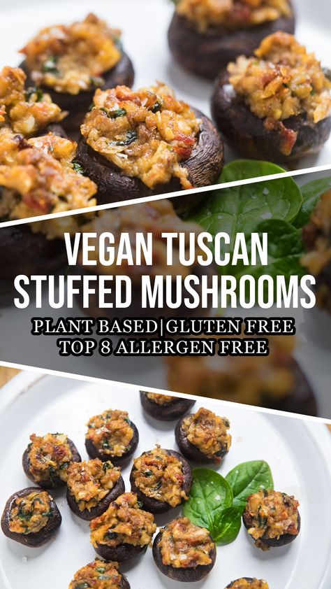 These easy vegan Tuscan stuffed mushrooms will transport  your mind right to Italy.  The only thing you'll wonder if why you didn't make them sooner. Gluten free and can be Top 8 Allergen Free.  #veganmushrooms #stuffedmushrooms #veganapps #veganappetizers #top8free Vegan Egg Rolls, Vegan Stuffed Mushrooms, Dairy Free Appetizers, Vegan Nachos Cheese, Mushroom Appetizers, Vegan Inspiration, Vegan Parmesan, Vegan Eggs, Vegan Thanksgiving