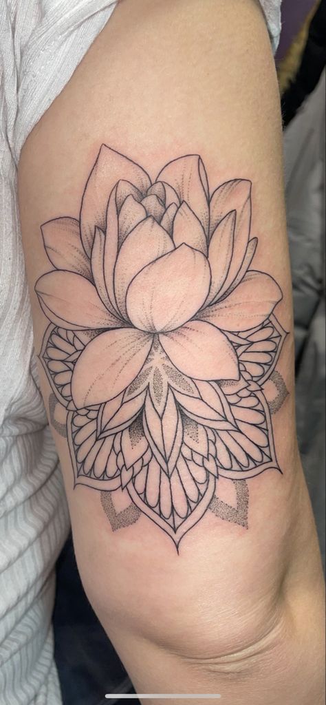 Lotus Tattoo Shoulder Cap, Lotus And Orchid Tattoo, Lotus Flower And Mandala Tattoo, Lotus Floral Tattoo, Mandala Lotus Tattoo Design Women, Lotus Flower Throat Tattoo, Lotus Half Sleeve Tattoo, Lotus Flower Tattoo Upper Arm, Lotus Flower Tattoo Forearm Sleeve