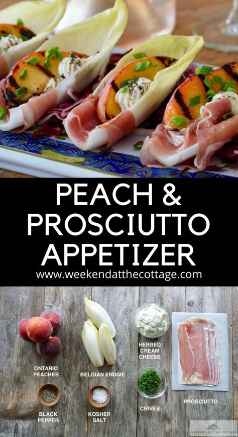 endive with grilled peaches, prosciutto and herbed cheese. Prociutto Appetizers, Endive Appetizers, Herbed Cream Cheese, Salad Boats, Prosciutto Appetizer, Party Planning Food, Antipasto Appetizer, Endive Recipes, Bbq Party Food