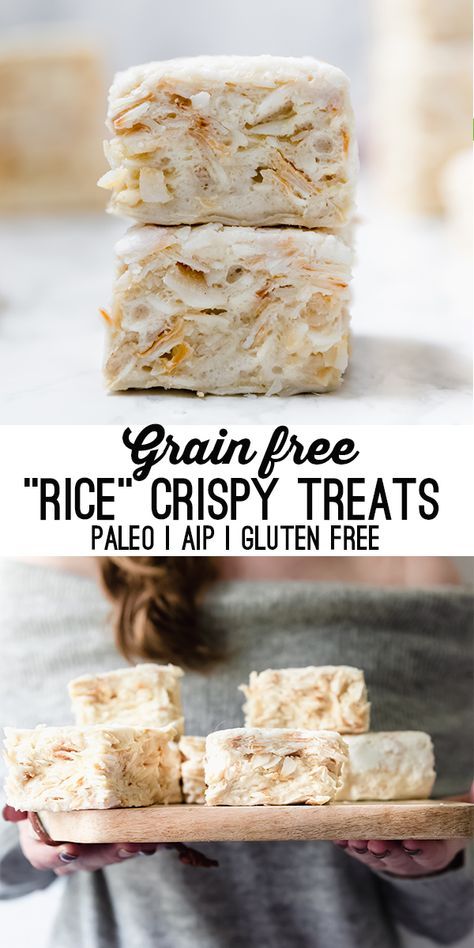 These "rice" crispy treats aren't made with rice at all, but they still bring you back to the memories of the real thing! They're grain free, gluten free, paleo and even AIP compliant. Paleo Diet Breakfast, Autoimmune Paleo Recipes, Aip Paleo Recipes, Aip Desserts, Paleo Baking, Krispy Treats, Paleo Sweets, Rice Krispy, Low Carb Dessert