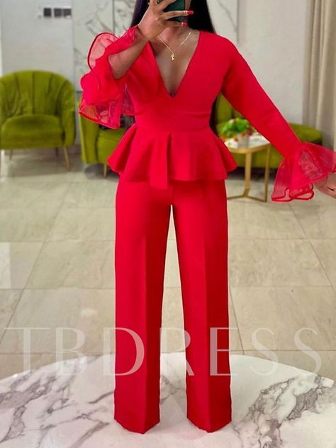 Peplum Jumpsuits, Elegant Rompers, High Waist Wide Leg Pants, Pretty Legs, Flare Long Sleeve, Jumpsuit Elegant, Flare Sleeves, Jumpsuits And Romper, Red Jumpsuit