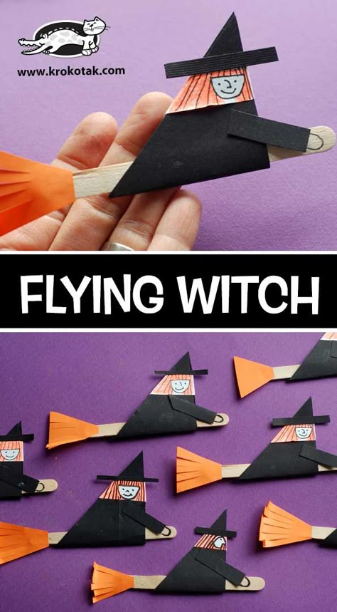 krokotak | witch Scary Halloween Crafts, Bricolage Halloween, Hallowen Ideas, Halloween Crafts For Toddlers, Halloween Kunst, Halloween Arts And Crafts, Halloween Preschool, Flying Witch, Easy Halloween Crafts