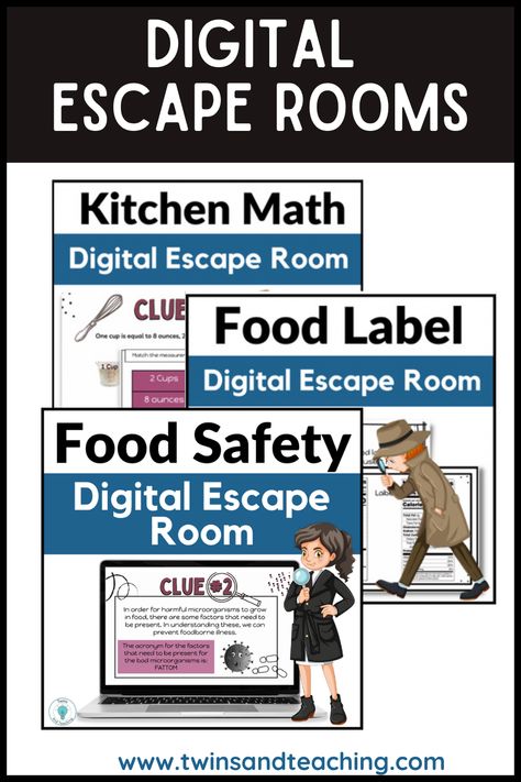 Are you looking for engaging home economics high school and middle school lessons on food safety, kitchen math and more? Check out these easy-to-use digital escape rooms for the classroom that make great sub plans or no-prep activities for home economics, family consumer science, and culinary arts classes! Family And Consumer Science Projects, Home Economics Lessons, Consumer Math High School, Family Consumer Science Classroom, Economics Lessons High School, Middle School Economics, Home Economics Classroom, Kitchen Math, Online Escape Room