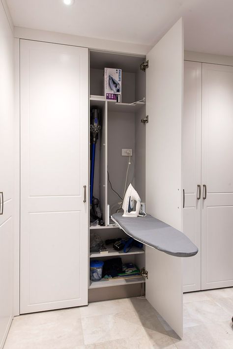 Iron Board Laundry Room, Iron In Closet, Cabinet With Ironing Board, Iron Cabinet Design, Ironing Room Ideas, Wash Machine Cabinet, Iron Board Cabinet, Washing Room Ideas, Laundry Cabinet Ideas