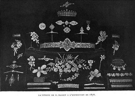 A display of the jewels given to Princess Louise when she wed the Duke of Fife. Along with the large and impressive 'Massin' tiara at the top of the page, lower down are two dainty aigrette tiaras. Image taken 1878. Fife Tiara, British Nobility, Alexandra Of Denmark, Royal Crown Jewels, Princess Louise, Tiaras Jewellery, Fairy Crown, Royal Tiaras, Diamond Tiara