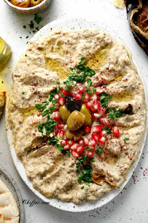 Mutabal Recipe ( Roasted Eggplant Dip) - Chefjar Eggplant Tahini, Roasted Eggplant Recipes, Vegetarian Starters, Roasted Eggplant Dip, Eggplant Dip, Middle Eastern Dishes, Roasted Eggplant, Roast Eggplant, Garlic Olive Oil