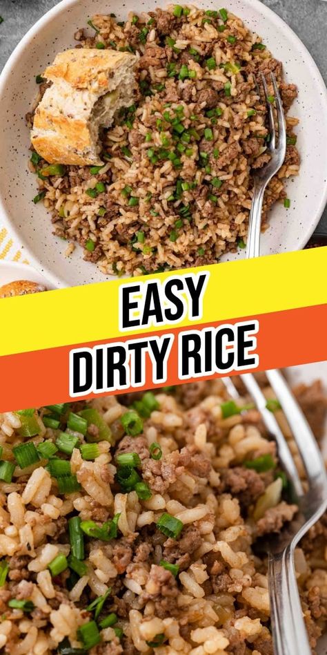 Easy Dirty Rice recipe for the classic Southern favorite! Savory hearty rice filled with ground beef, sausage, veggies, and Cajun flavor! Couscous Ground Beef, Ground Turkey Dirty Rice, Ground Beef Couscous, Beef And Couscous Recipe, Southern Ground Beef Recipes, Easy Dinner With Ground Sausage, Homemade Dirty Rice With Ground Beef, Quinoa And Ground Beef Recipes, Meals With Brown Rice