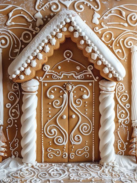 Elegant Gingerbread House Door Backdrop - Beautifully decorated gingerbread house door backdrop featuring intricate white icing designs Gingerbread House Design Ideas, Gingerbread House Door Decor, Gingerbread House Theme Party, Gingerbread House Icing Design, Scandinavian Gingerbread House, Gingerbread House Inside, Door Backdrop, Gingerbread House Inspo Aesthetic, Gingerbread House Window