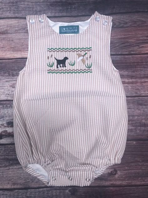 Hunting Baby Boy Tan Seersucker Bubble - Etsy Southern Baby Boy Outfits, Southern Baby Clothes, Baby Boy Hunting, Smocked Outfits, English Outfit, Duck Nursery, Hunting Theme, Hunting Baby, Southern Baby