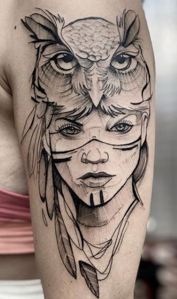 Owl Lady Tattoo, Tiger And Owl Tattoo, Owl Indian Tattoo, Spiritual Owl Tattoo, Women Owl Tattoos, Tattoo Owl Design, Indian Owl Tattoo, Psytrance Tattoo, Artemis Tattoos