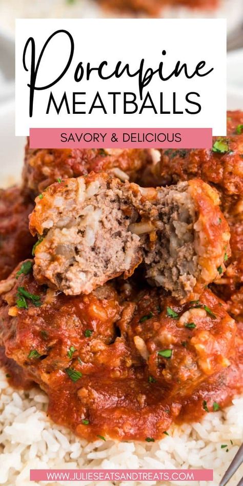 Savory Porcupine Meatballs are a delicious meatball made with beef, rice, onion and seasonings that is baked in a rich tomato sauce. Serve it over a bed of rice for an easy dinner recipe. Porky Pine Meatballs, Porcupine Meatballs Recipe, Porcupine Meatballs, Meatballs And Rice, Meatball Sauce, Beef Rice, Best Meatballs, Meatball Recipes Easy, Tasty Meatballs