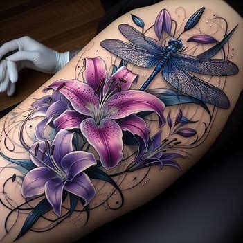 neo japanese style tattoo of purple lillies and a - Image Creator from Microsoft Designer Colorful Roses Tattoo, Lilly Tattoos For Women, Lilies And Butterflies Tattoo, Blue Lillies Tattoo, Lilly And Butterfly Tattoo Ideas, Lily And Butterfly Tattoo Half Sleeves, Purple Lily Flower Tattoo, Purple Tattoo Flower, Purple Lily Tattoo